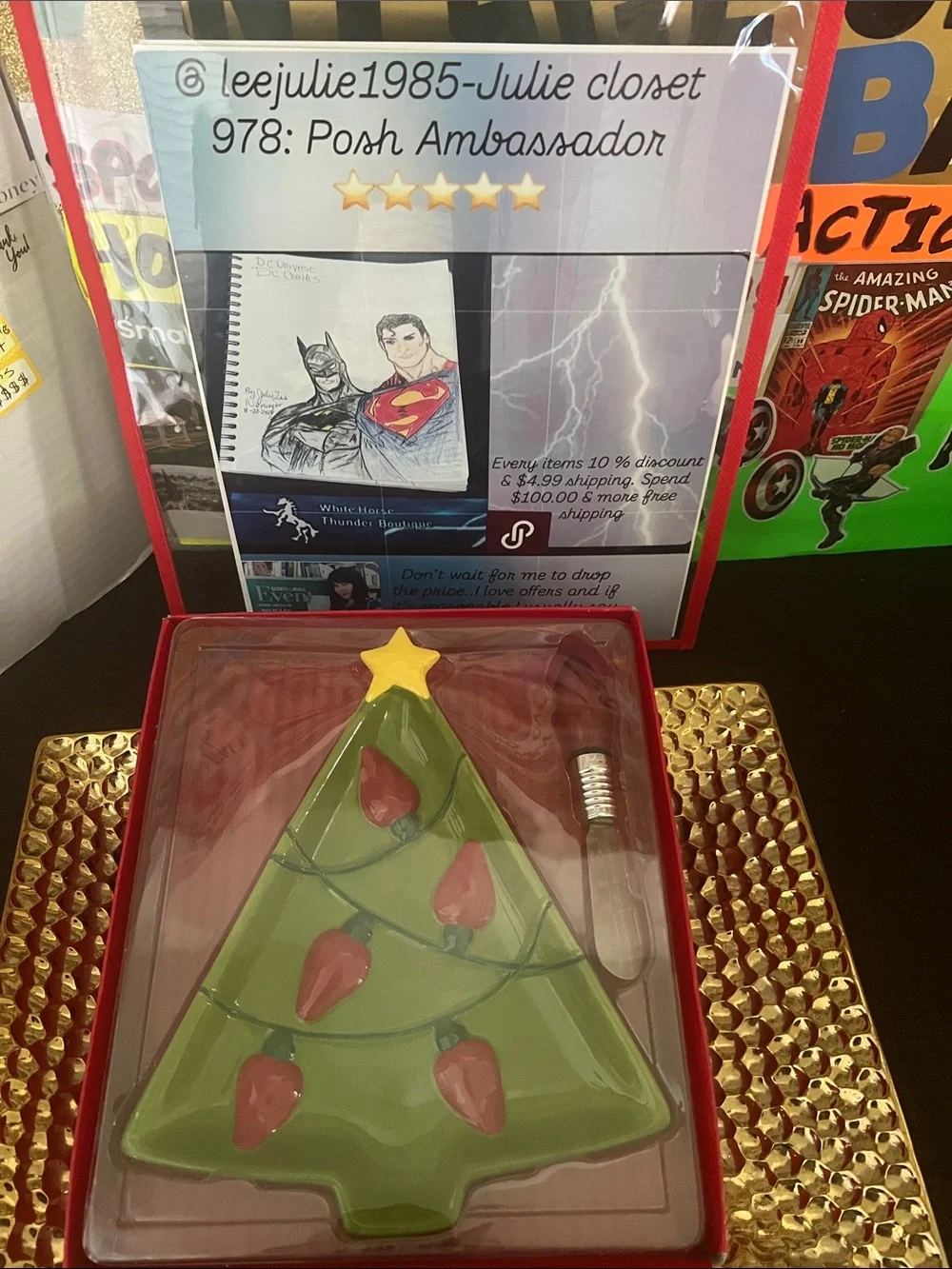 #2566**Ceramic Christmas Tree Dip Plate with Star and Red Ornaments